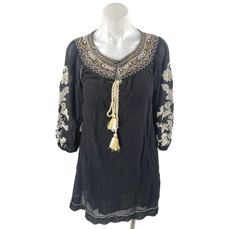 NEW Shyanne Black Floral Embroidered Tassel 3/4 Sleeve Mini Tunic Shift Dress XS