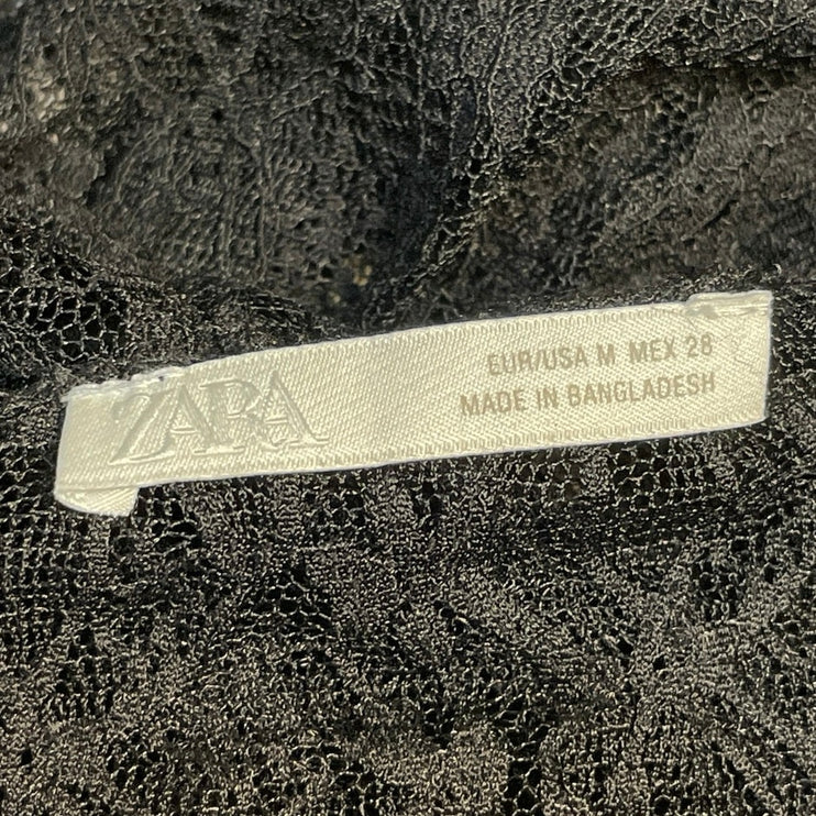 Zara Womens Black Floral Lace Sheer Long Sleeve Swim Beach Cover Up Blouse Top M