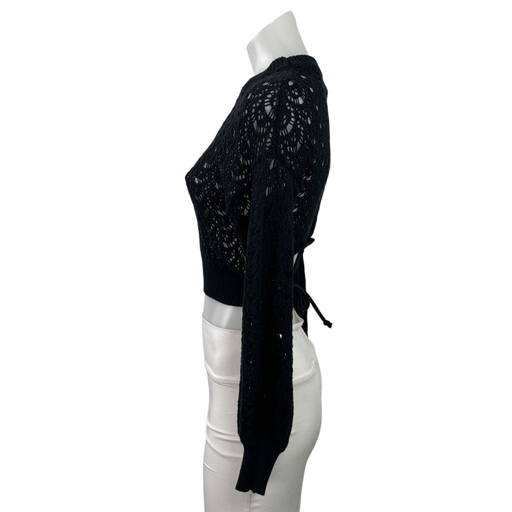 Balboa Women's Black Crochet Knit Sheer Long Sleeve Tie Back Crop Top Size M