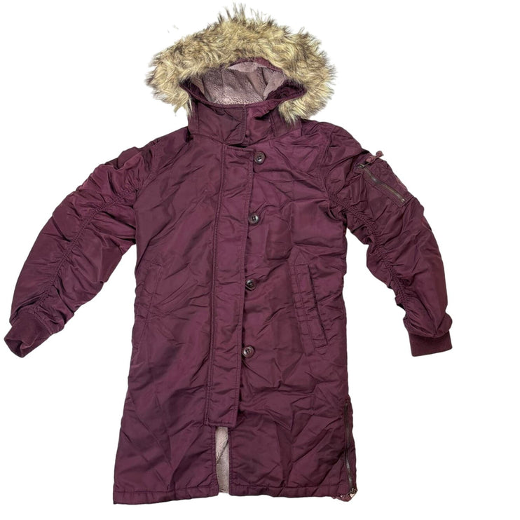 Abercrombie &amp; Fitch Womens Deep Red Maroon Fur Trim Hooded Lined Water Resistant Button Down Sleeve zip Pocket 100% Nylon Puffer Parka Coat Jacket Size XS