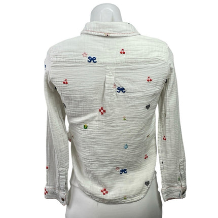 Anthropologie Pilcro Women White Embroidered Icon Button Down Shirt Top Sz XXSP