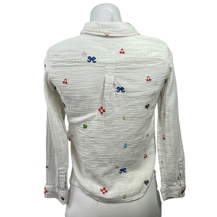 Anthropologie Pilcro Women White Embroidered Icon Button Down Shirt Top Sz XXSP