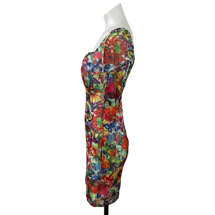 Banjul Women's Multicolor Long Sleeve Floral Sweetheart Bodycon Mini Dress Sz S