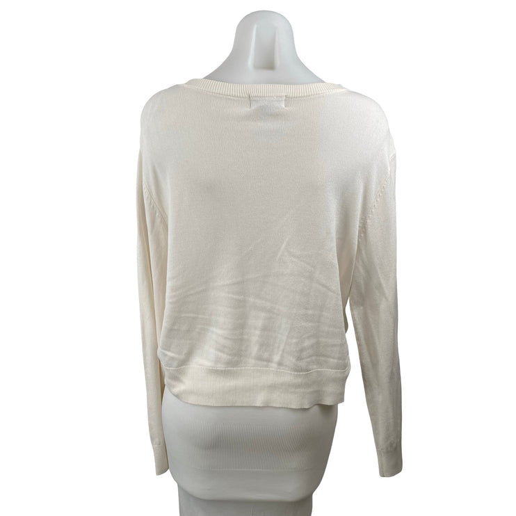 H&M Women's Cream Knit Round Neck Long Sleeve Button Down Cardigan Sweater Top L