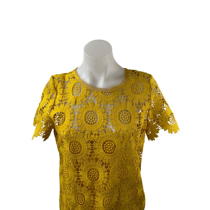 Ann Taylor LOFT Women Yellow Floral Lace Crochet Short Sleeve Mini Shift Dress 8