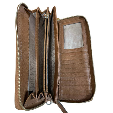 Michael Kors Brown Saffiano Leather 3 Slots Cards Zip Around Pouch Wallet OS