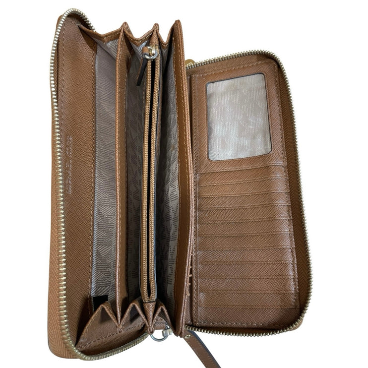Michael Kors Brown Saffiano Leather 3 Slots Cards Zip Around Pouch Wallet OS
