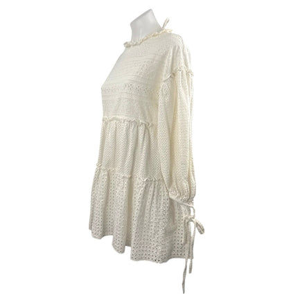 Women's Ivory Eyelet Embroidery Balloon Sleeve Tiered Mini Flare A-Line Dress S