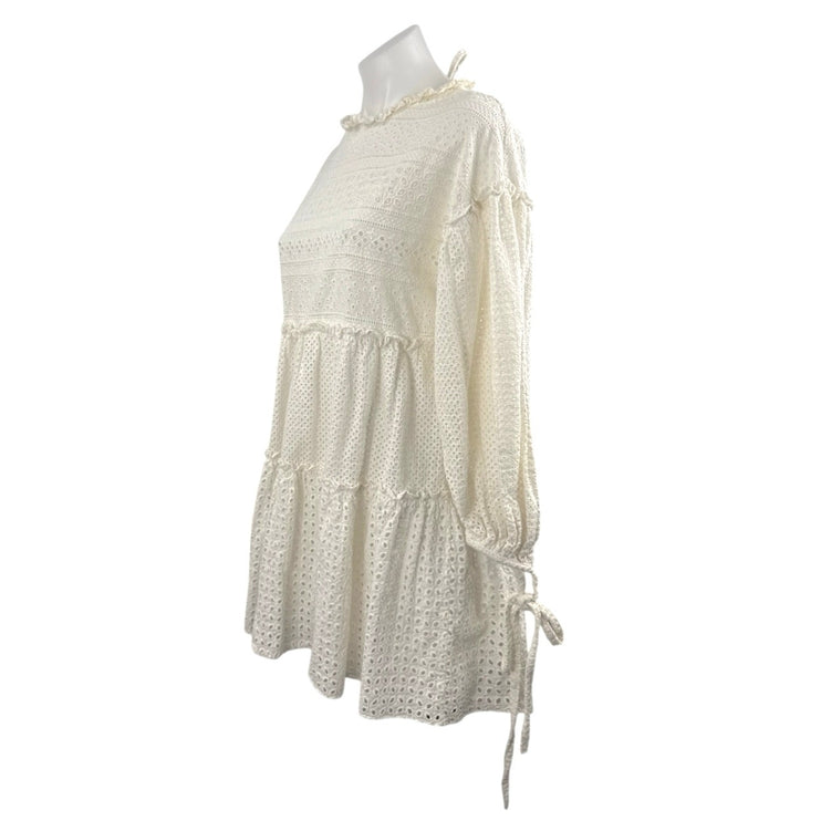 Women's Ivory Eyelet Embroidery Balloon Sleeve Tiered Mini Flare A-Line Dress S