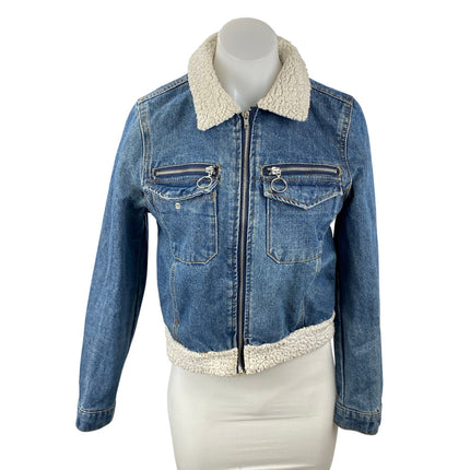Refuge Women's Blue Sherpa Trim Full Zip Long Sleeve Trucker Denim Jean Jacket S