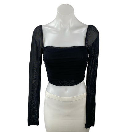 Princess Polly Black Sheer Mesh Ruched Square Neck Long Sleeve Crop Blouse Top 4
