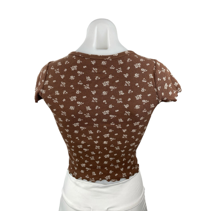 Hollister Brown Floral Lettuce Short Sleeve Crop Henley Baby Tee T-Shirt Top XS