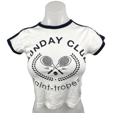 Urban Outfitters White Sunday Club Saint Tropez Fitted Tee T-shirt Crop Top Sz S