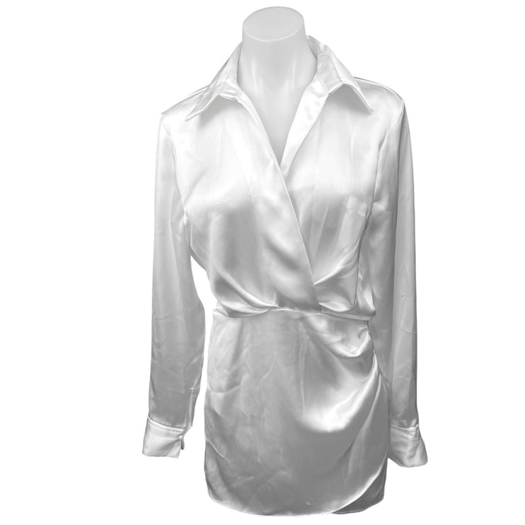 Zara White Silk Satin Long Sleeve Faux Wrap Collared Blouson Mini Dress Size XS