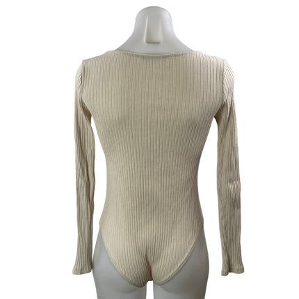 Zara Women's Beige Ribbed Knit Square Neck Long Sleeve T Shirt Bodysuit Top M