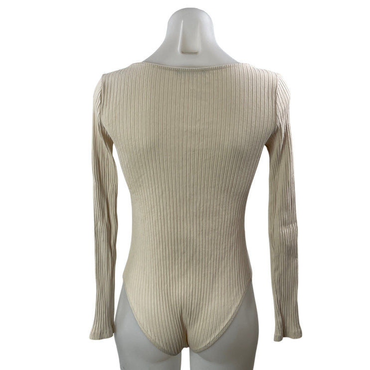 Zara Women's Beige Ribbed Knit Square Neck Long Sleeve T Shirt Bodysuit Top M