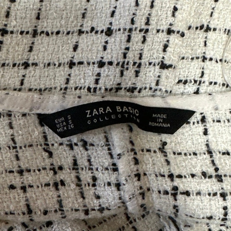 Zara White Black Plaid Short Sleeve Frayed Ruffle Tweed Mini Shift Dress Size S