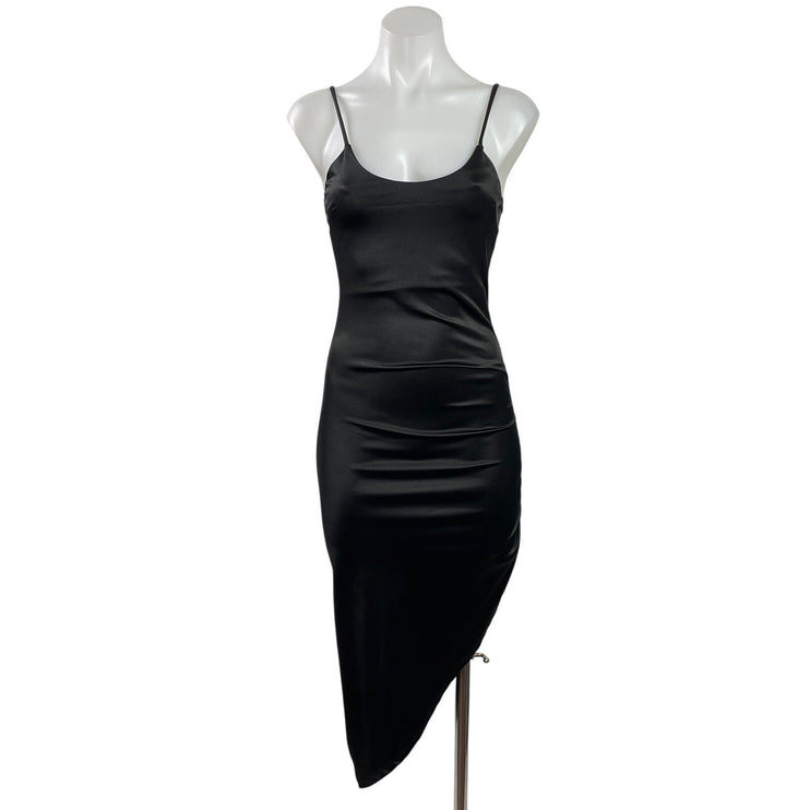 Popular 21 Black Silky Satin Sleeveless Cami Camisole Asymmetric Slip Dress Sz S