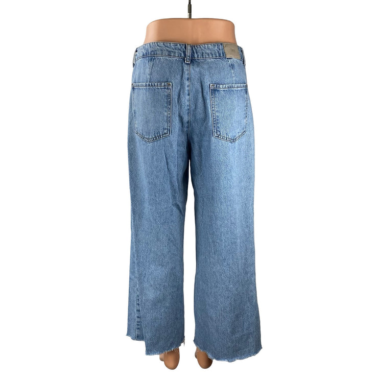 Zara Women's Blue Raw Frayed Hem High Rise Wide Leg Bootcut Denim Jeans Pants 6