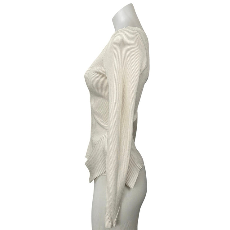 Guess Ivory Ribbed Knit Scoop Neck Long Sleeve Zip Peplum Cardigan Sweater Top M