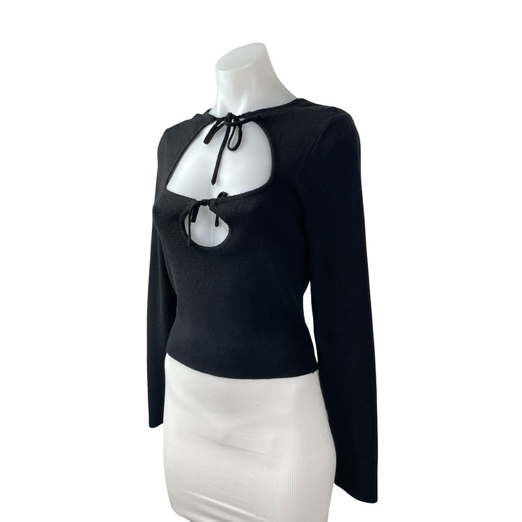 Majorelle Hailey Black Tie Front Cutout Ribbed Knit Long Sleeve Sweater Top Sz M