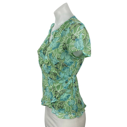 Ann Taylor LOFT Womens Green Floral Ruffle V Neck Short Sleeve Wrap Blouse Top 2