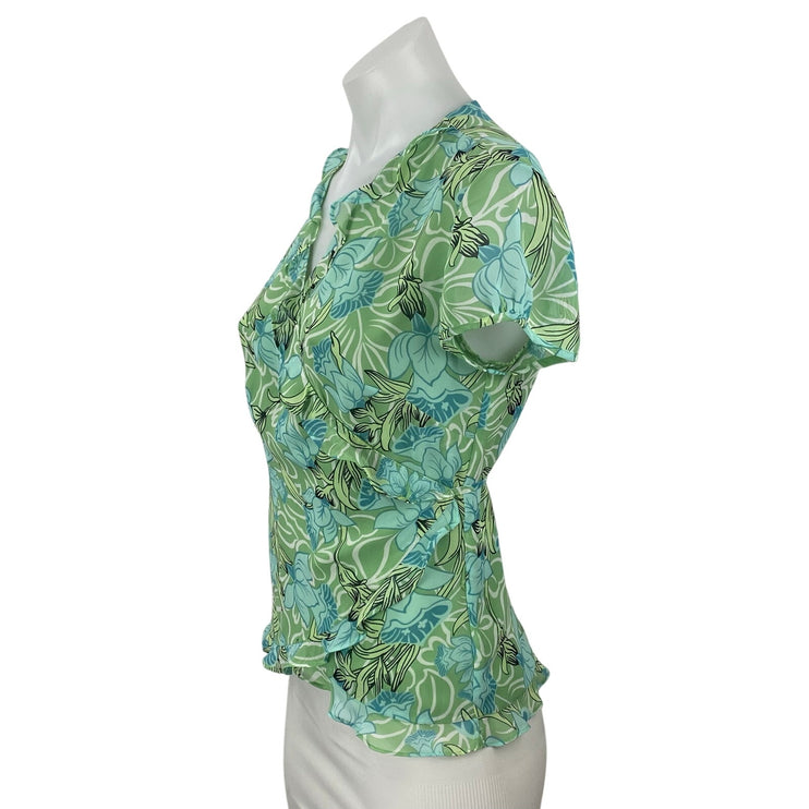 Ann Taylor LOFT Womens Green Floral Ruffle V Neck Short Sleeve Wrap Blouse Top 2