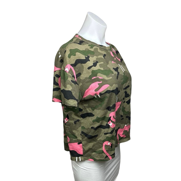 Zara Green Pink Cotton Camouflage Army Flamingo Short Sleeve T-Shirt Top Size S