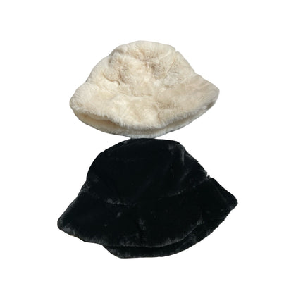 Women's Black Cream Faux Fur Fleece Soft Snow Winter Bucket Hat Cap Set of 2 OS