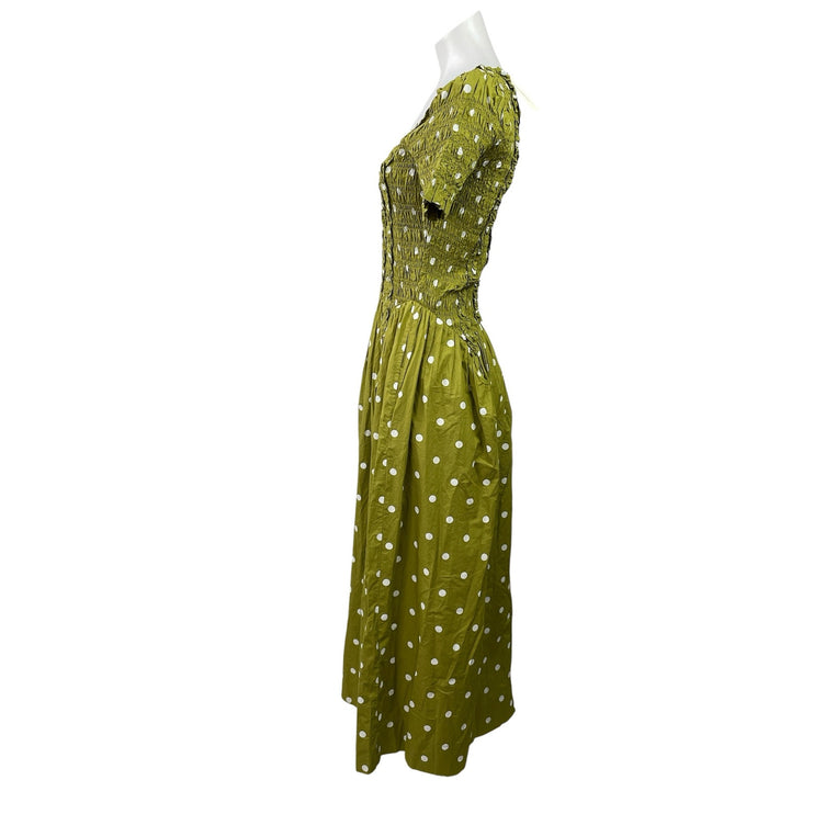 NEW Damson Madder Raphaela Green Polka Dots Smocked Shirred Maxi A-Line Dress 8