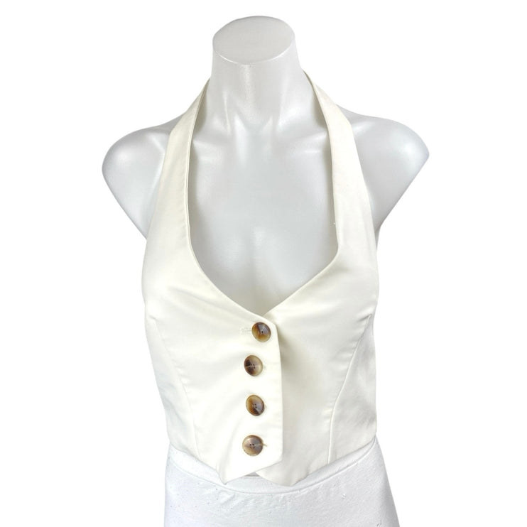 Zara Women's White Sleeveless Halter Open Back Button Down Vest Crop Top Size M