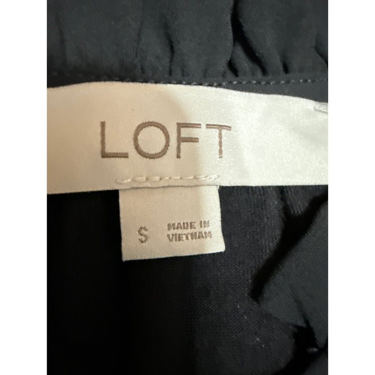 Ann Taylor LOFT Women's Black Ruffle Tie Neck Short Puff Sleeve Blouse Top Sz S