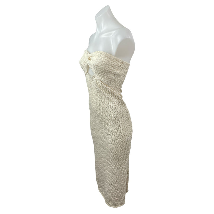 Zara Cream Crochet Knit Strapless Twist Front Slit Midi Bodycon Dress Size M