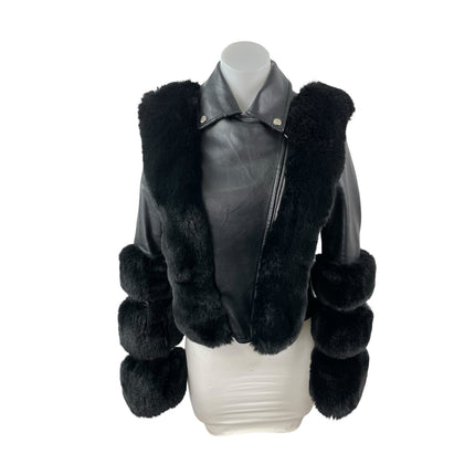 Women's Black Faux Fur Trim Faux Vegan Leather Crop Moto Biker Coat Jacket Sz S