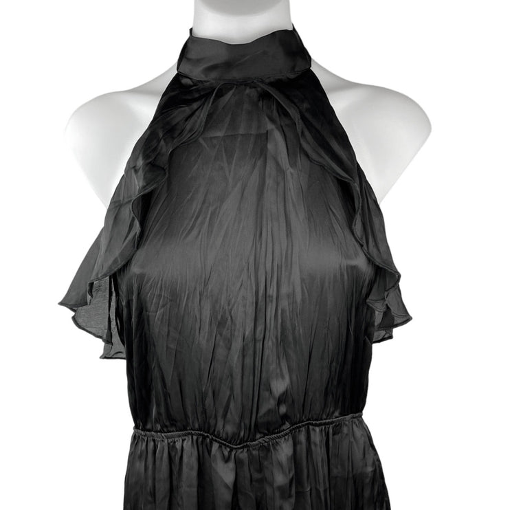 Zara Black Silky Satin High Neck Ruffle Sleeveless Straight Jumpsuit Size S