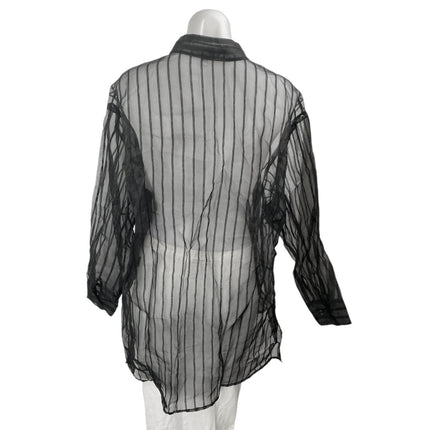 DR2 Women's Black Striped Long Sleeve Button Down Sheer Tunic Blouse Shirt Top M