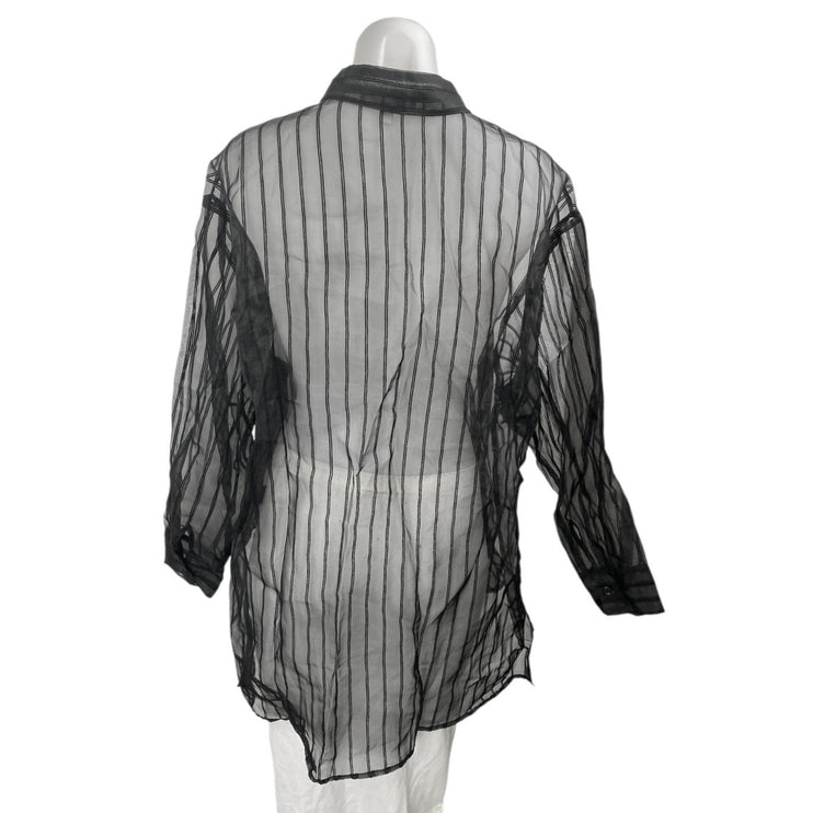 DR2 Women's Black Striped Long Sleeve Button Down Sheer Tunic Blouse Shirt Top M