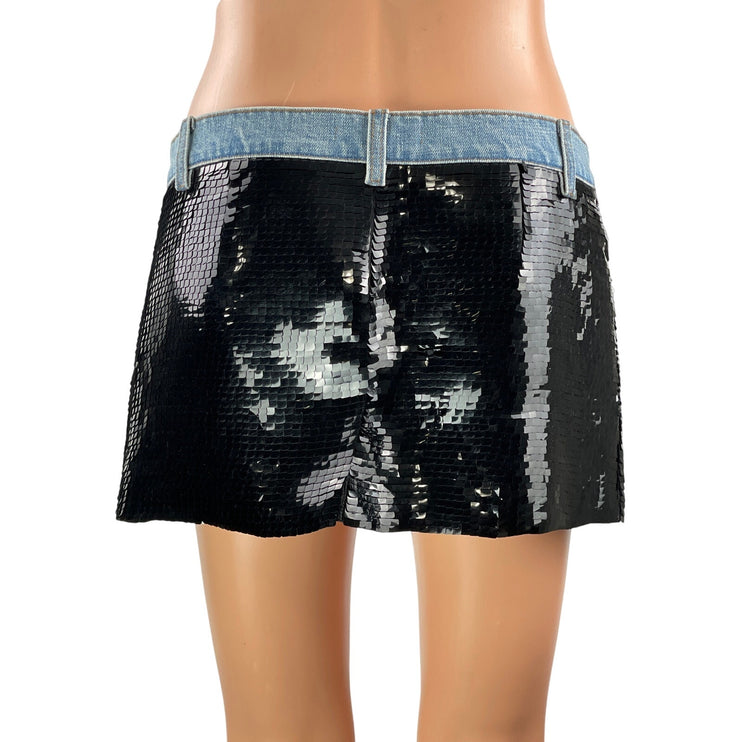 Roberto Cavalli Women's Black Blue High Waisted Sequin Mini Denim Jeans Skirt S