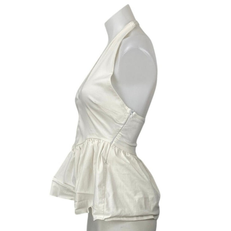 Zara White Halter V Neck Backless Sleeveless Open Back Peplum Blouse Top Size M
