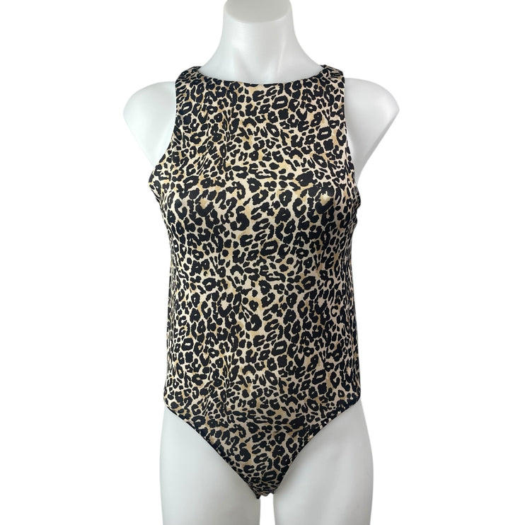 Zara Beige Black Leopard High Neck Animal Print Sleeveless Tank Bodysuit Top M