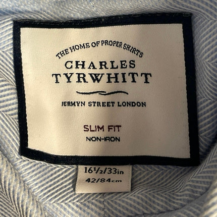 Charles Tyrwhitt Mens Blue Non Iron Slim Long Sleeve Button Up Shirt Top 16 1/2