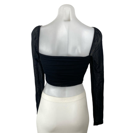 Princess Polly Black Sheer Mesh Ruched Square Neck Long Sleeve Crop Blouse Top 4