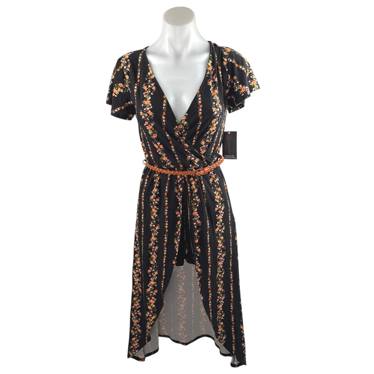 No Boundaries Walk Thru Black Short Sleeve Floral High Low V Neck Romper Dress