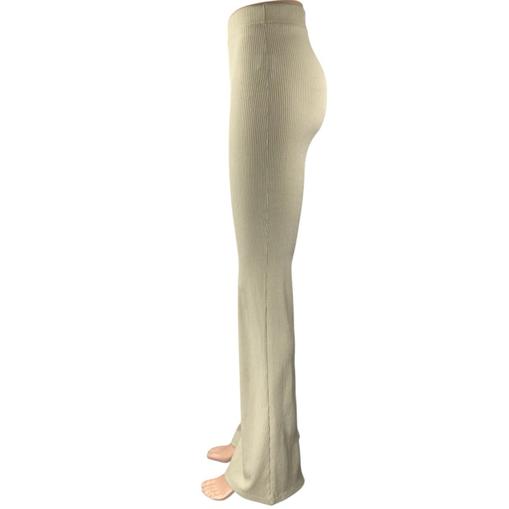 Zara Beige Tan Ribbed Knit High Waisted Pull On Bootcut Flared Pants Size S