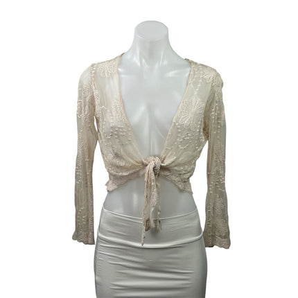 PALME Cream Lace Long Sleeves Sheer Embroidered Tie Front Crop Blouse Top Sz S/M