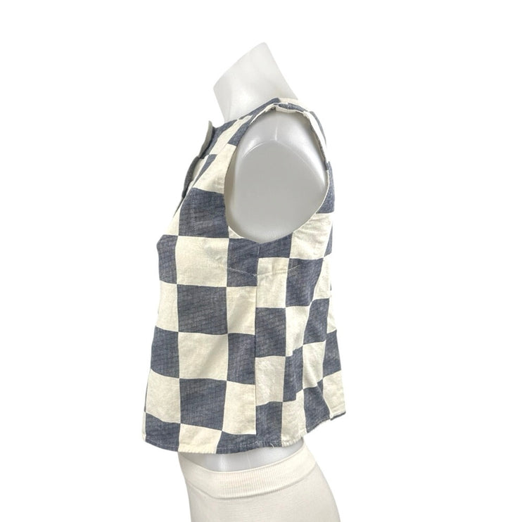 The Workshop Gray Cream Linen Checkered Sleeveless Henley Shirt Tank Top Size S