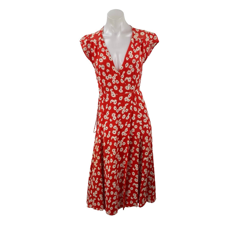 Reformation Womens Oopsie Daisy Carina Red Floral Midi Flare A-Line Wrap Dress S
