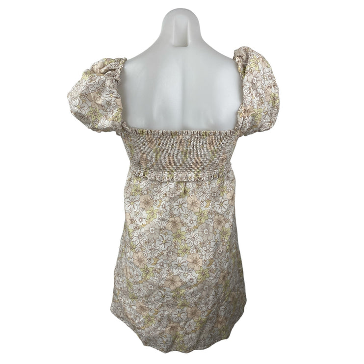 Aritzia Sunday Best Cream Floral Smocked Short Puff Sleeve Mini A-Line Dress S