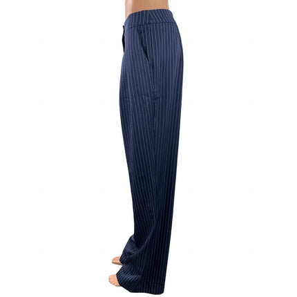 Commense Women's Navy Blue Pinstriped High Rise Wide Leg Trousers Pants Size M