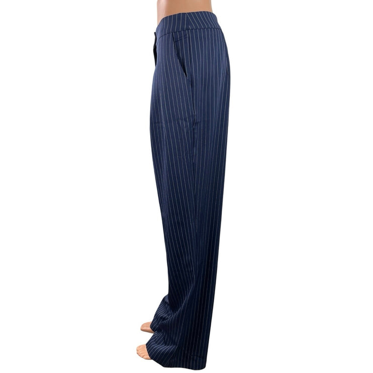 Commense Women's Navy Blue Pinstriped High Rise Wide Leg Trousers Pants Size M